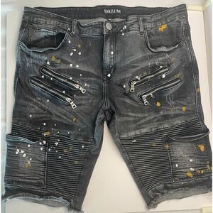 Embellish NYC Mens Distressed‎ Ribbed Zip Design Raw Hem Denim Shorts Size 38